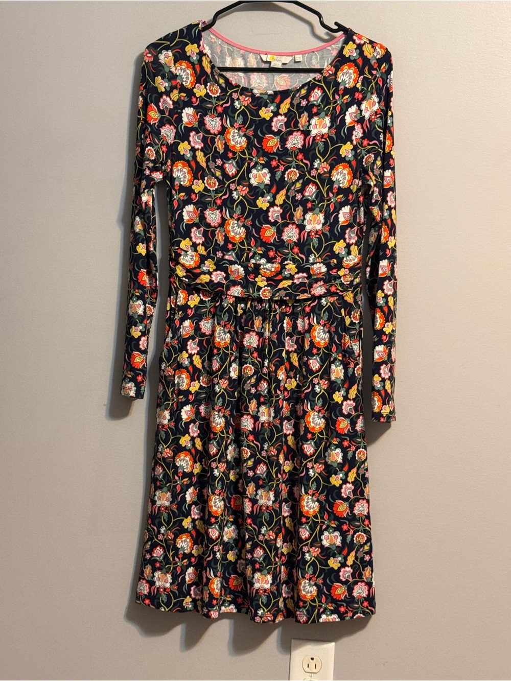 Boden Navy Floral Fit & Flare Dress Long Sleeve Pockets Size 4P